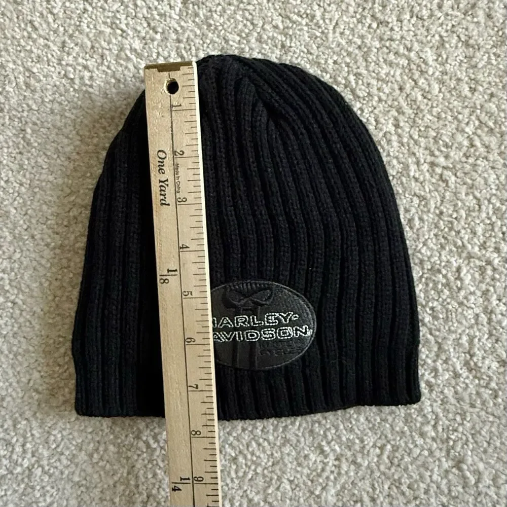 Harley-Davidson Beanie Cap Black Rib Knit Fleece LIned Leather Skull Embroidery - Picture 4 of 12
